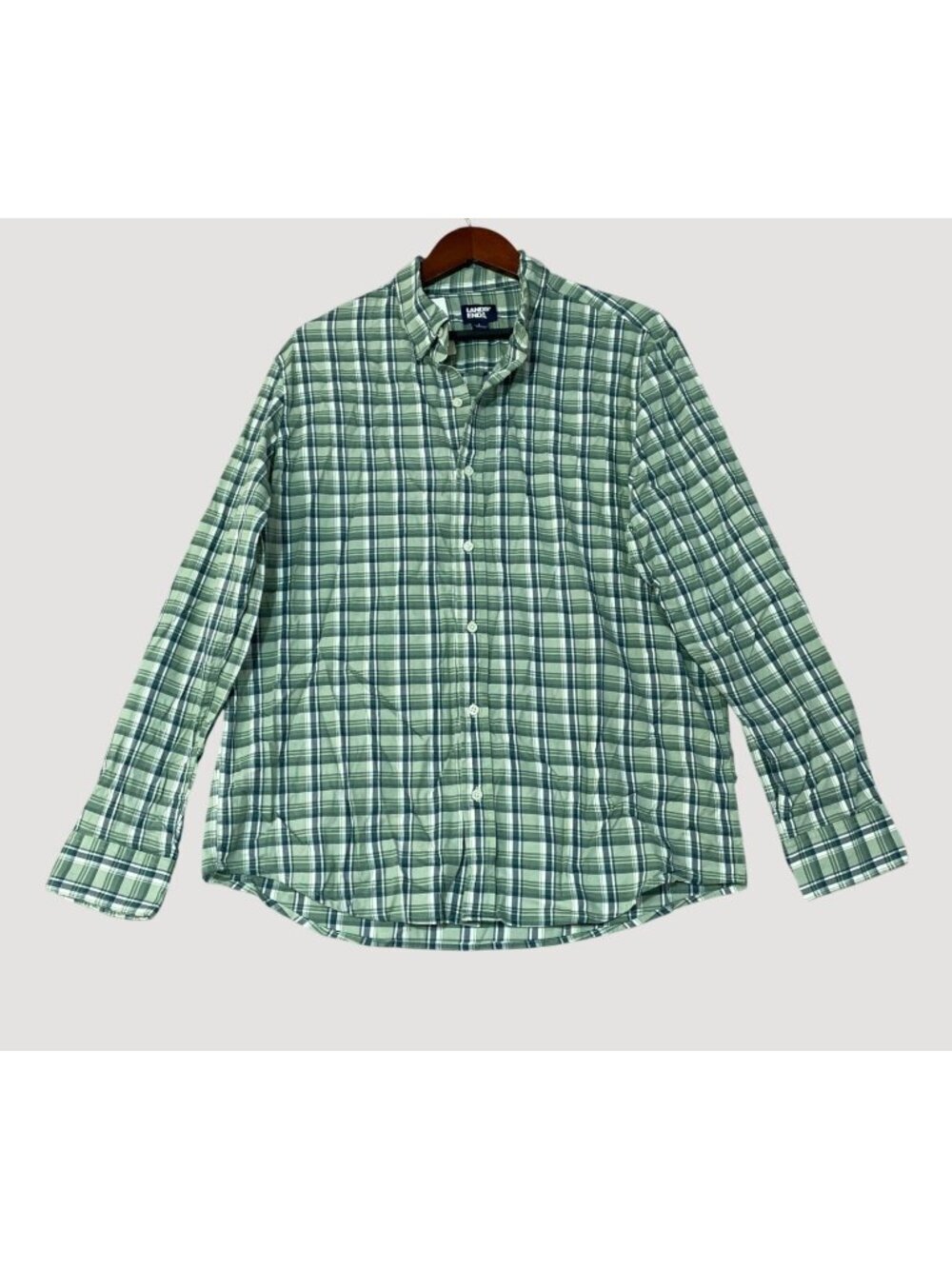 NWT Lands' End Mens L Green Plaid Button-Down Shirt - Picture 1 of 9